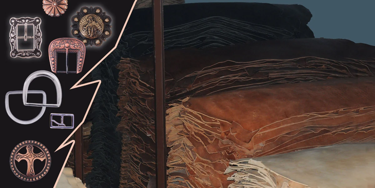 Stacked leather hides and western hardware