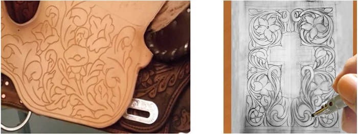 A hand-drawn tooling pattern on a saddle skirt